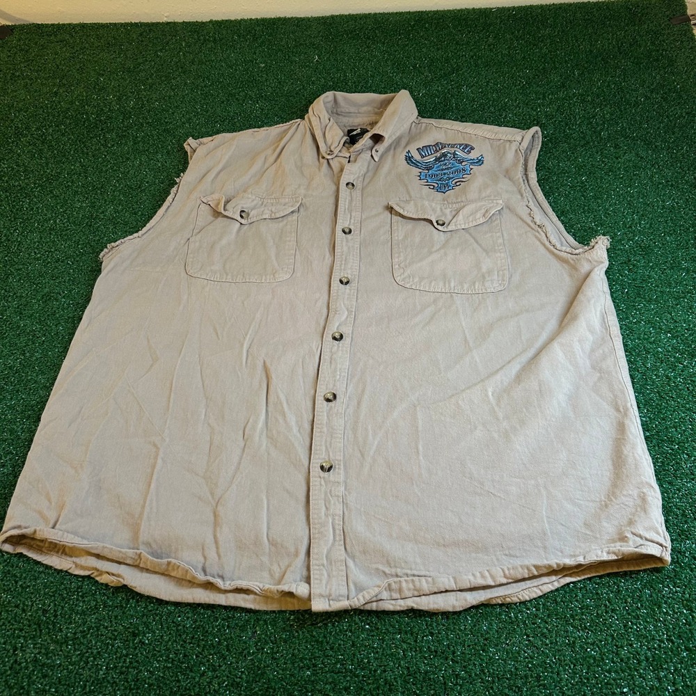 Biker Design Milwaukee Sleeveless Shirt Graphic Button Up Vest Beige Mens 2XL